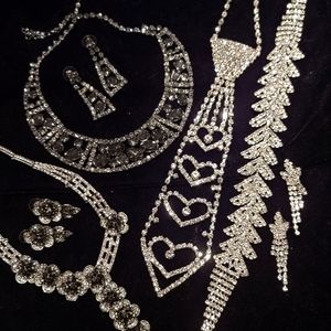Lot of 3 NEW Clear, Hematite & Black Rhinestone Necklace Sets & Heart Tie